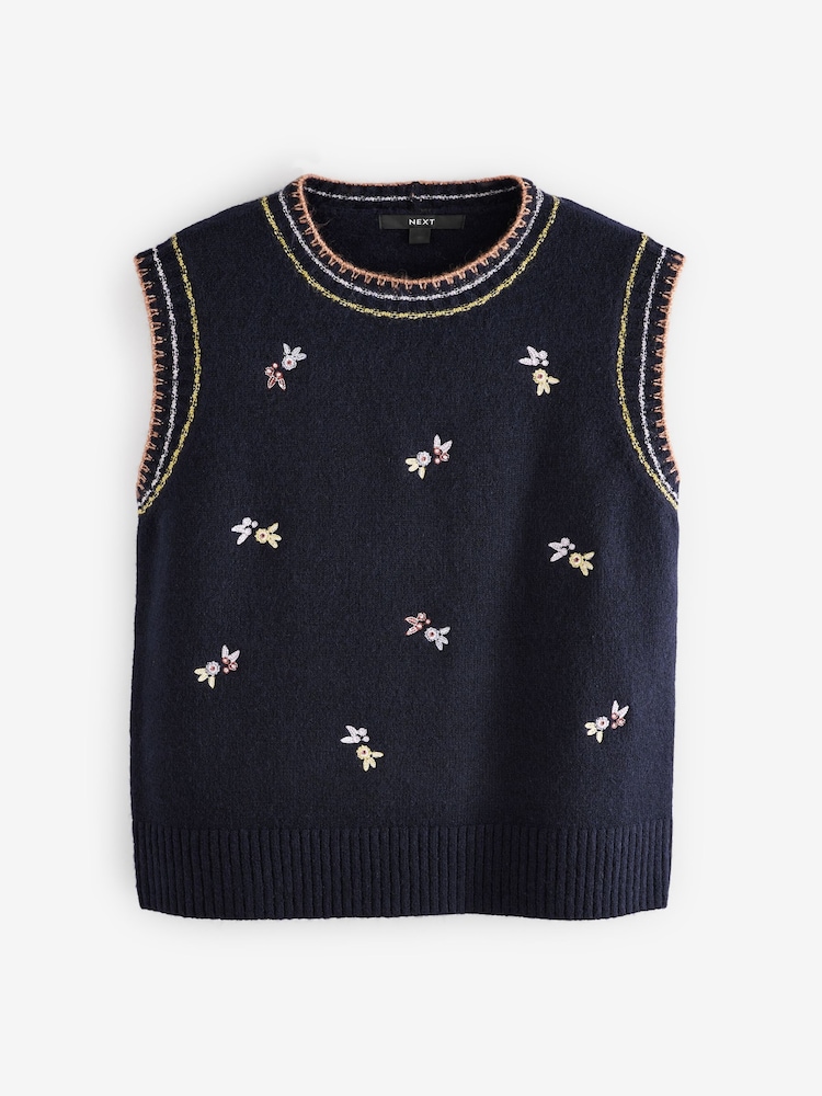 Blue Navy Embroidered Floral Print Sleeveless Knitted Tank - Image 5 of 7