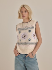 Neutral Jacquard Floral Print Sleeveless Knitted Tank - Image 1 of 7