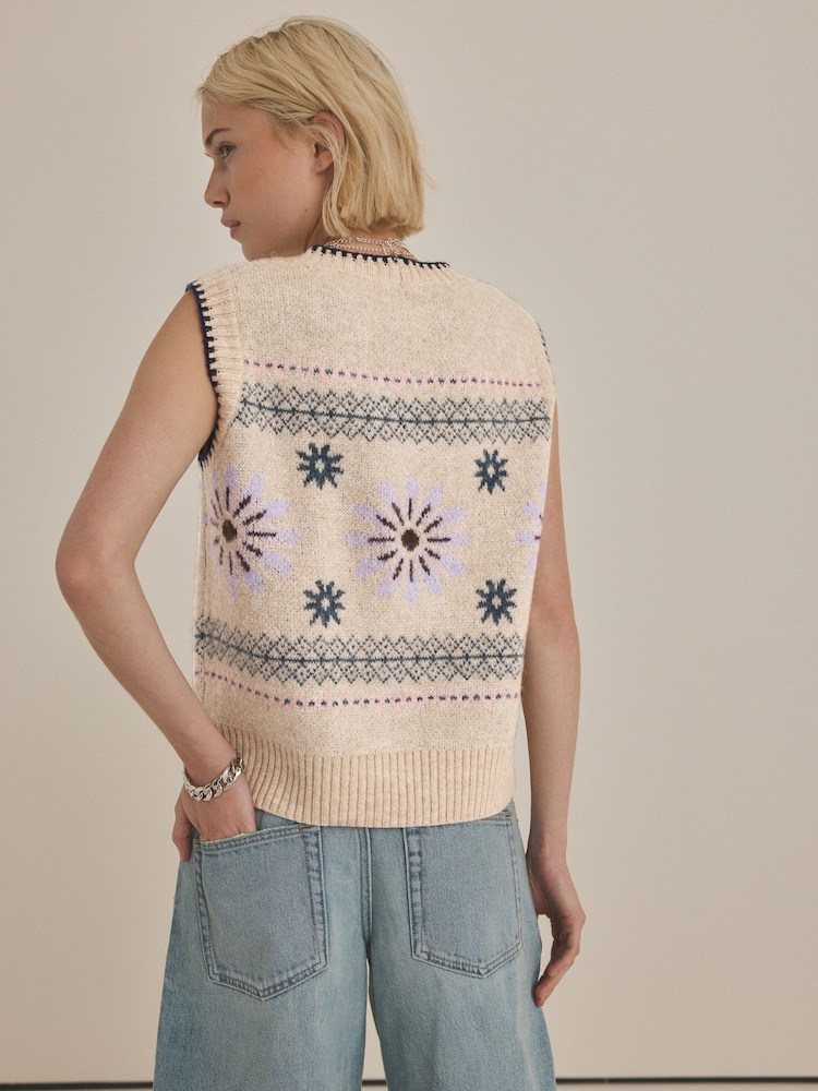 Neutral Jacquard Floral Print Sleeveless Knitted Tank - Image 2 of 7