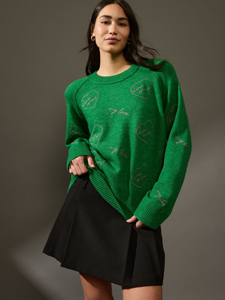 Green Bright Embroidered Seam Detail Crew Neck Jumper With Wool - Image 1 of 7