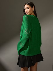 Green Bright Embroidered Seam Detail Crew Neck Jumper With Wool - Image 2 of 7