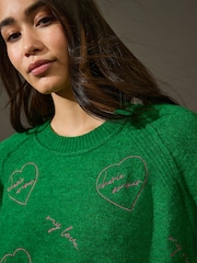 Green Bright Embroidered Seam Detail Crew Neck Jumper With Wool - Image 3 of 7