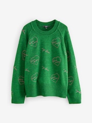 Green Bright Embroidered Seam Detail Crew Neck Jumper With Wool - Image 4 of 7