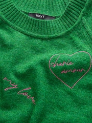 Green Bright Embroidered Seam Detail Crew Neck Jumper With Wool - Image 5 of 7