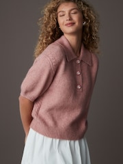 Pink Blush Soft Touch Short Sleeve Knitted Polo Jumper with Wool - Image 1 of 8