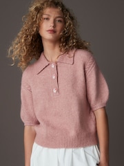 Pink Blush Soft Touch Short Sleeve Knitted Polo Jumper with Wool - Image 2 of 8