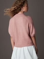 Pink Blush Soft Touch Short Sleeve Knitted Polo Jumper with Wool - Image 3 of 8