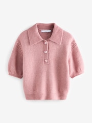 Pink Blush Soft Touch Short Sleeve Knitted Polo Jumper with Wool - Image 6 of 8