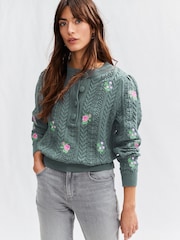 Green Dark Sage Floral Embroidered Henley Knitted Jumper With Cotton - Image 1 of 6