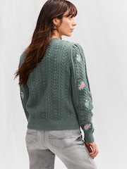 Green Dark Sage Floral Embroidered Henley Knitted Jumper With Cotton - Image 2 of 6