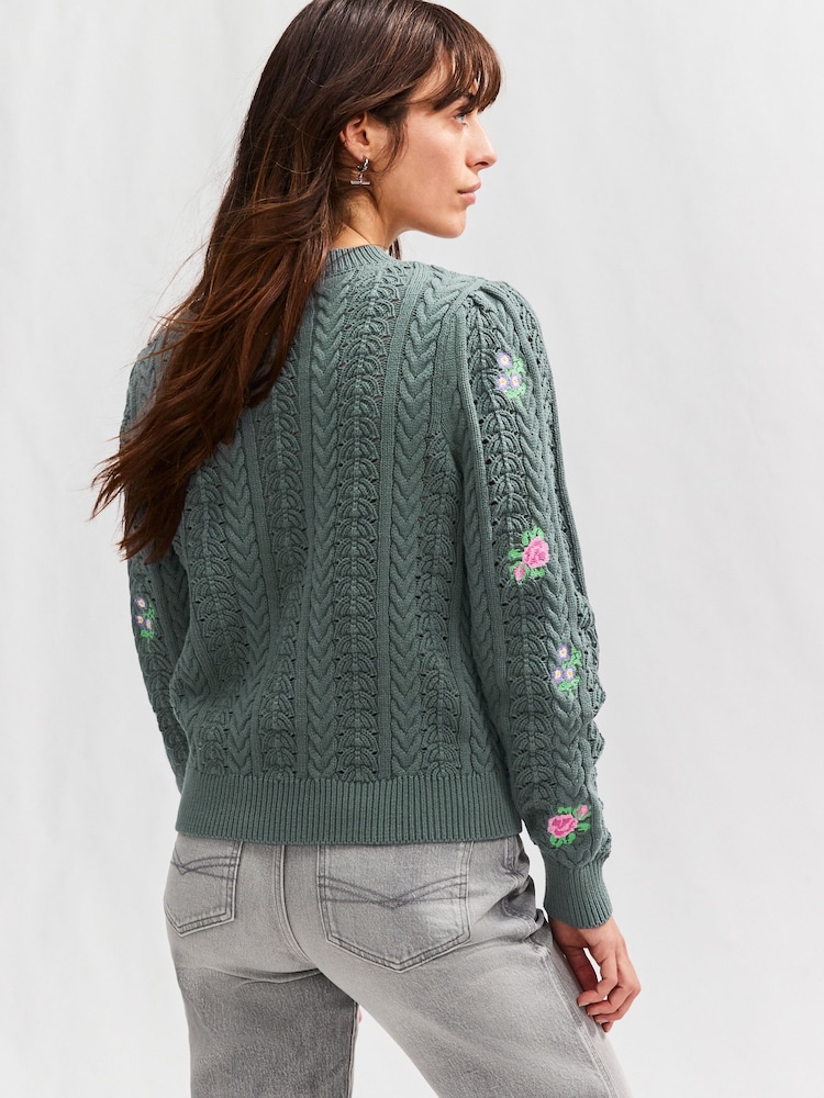 Green Dark Sage Floral Embroidered Henley Knitted Jumper With Cotton - Image 2 of 6