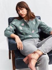 Green Dark Sage Floral Embroidered Henley Knitted Jumper With Cotton - Image 4 of 6