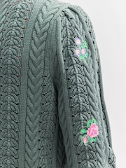 Green Dark Sage Floral Embroidered Henley Knitted Jumper With Cotton - Image 5 of 6