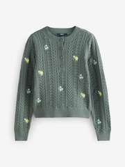 Green Dark Sage Floral Embroidered Henley Knitted Jumper With Cotton - Image 6 of 6
