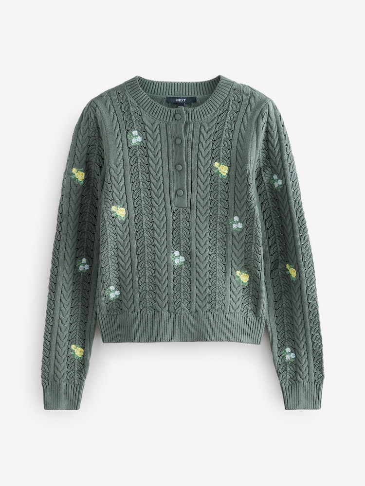Green Dark Sage Floral Embroidered Henley Knitted Jumper With Cotton - Image 6 of 6