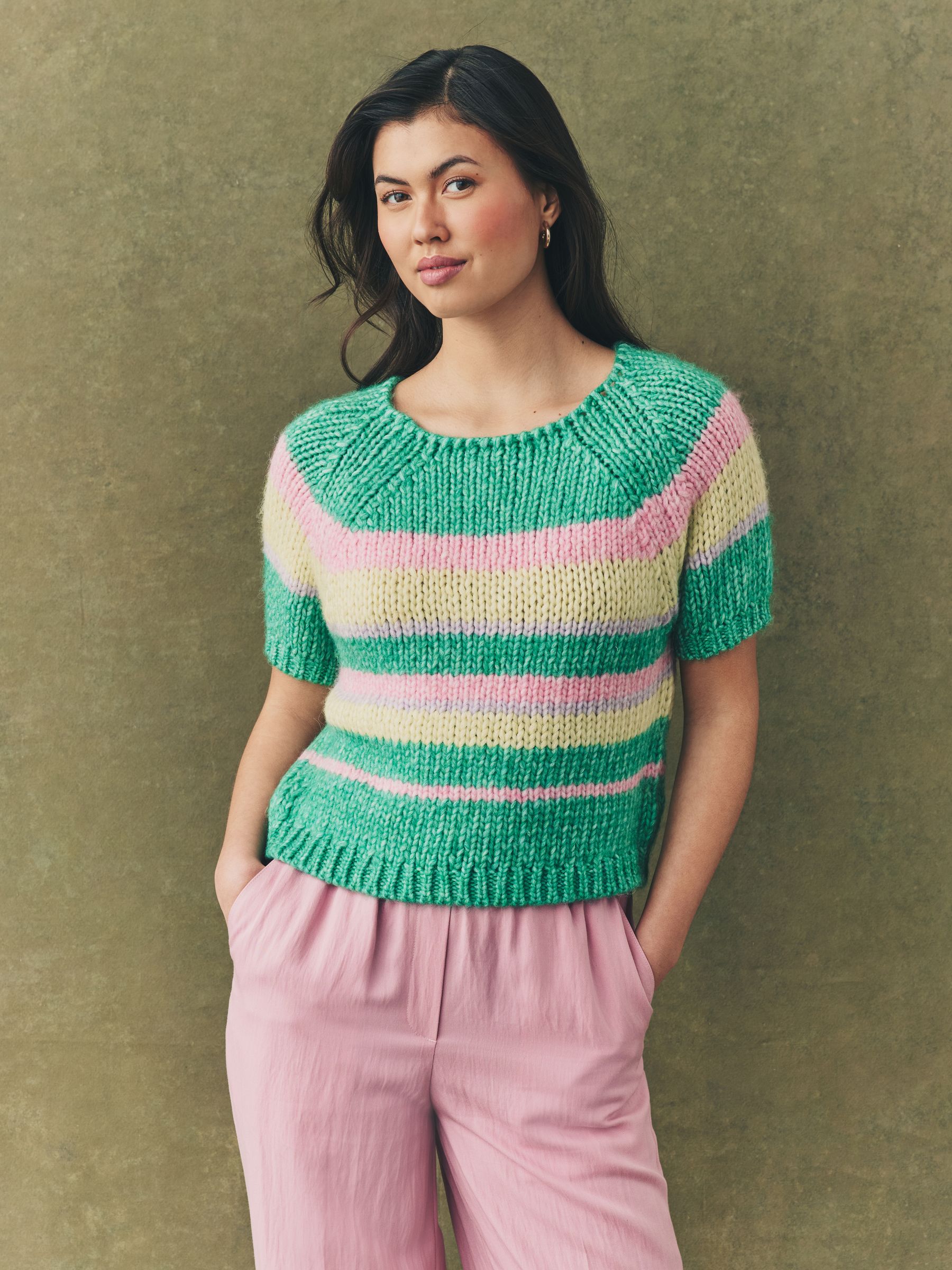 Green Stripe Striped Chunky Short Sleeve Knitted Top