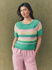 Green Stripe Striped Chunky Short Sleeve Knitted Top - Image 1 of 7