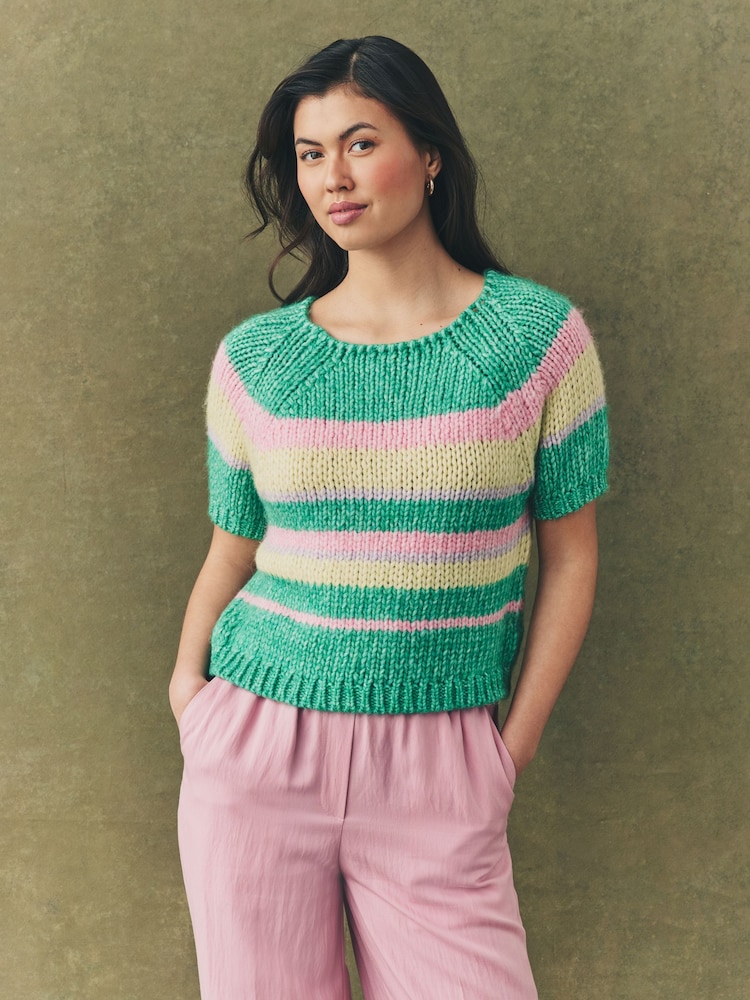 Green Stripe Striped Chunky Short Sleeve Knitted Top - Image 1 of 7