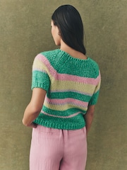 Green Stripe Striped Chunky Short Sleeve Knitted Top - Image 3 of 7