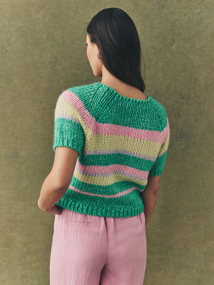 Green Stripe Striped Chunky Short Sleeve Knitted Top - Image 3 of 7