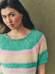 Green Stripe Striped Chunky Short Sleeve Knitted Top - Image 4 of 7