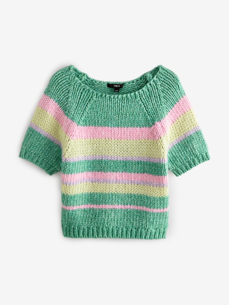 Green Stripe Striped Chunky Short Sleeve Knitted Top - Image 5 of 7