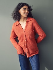 Orange Button Up Open Stitch Collared Knitted Shirt Jumper - Image 1 of 6