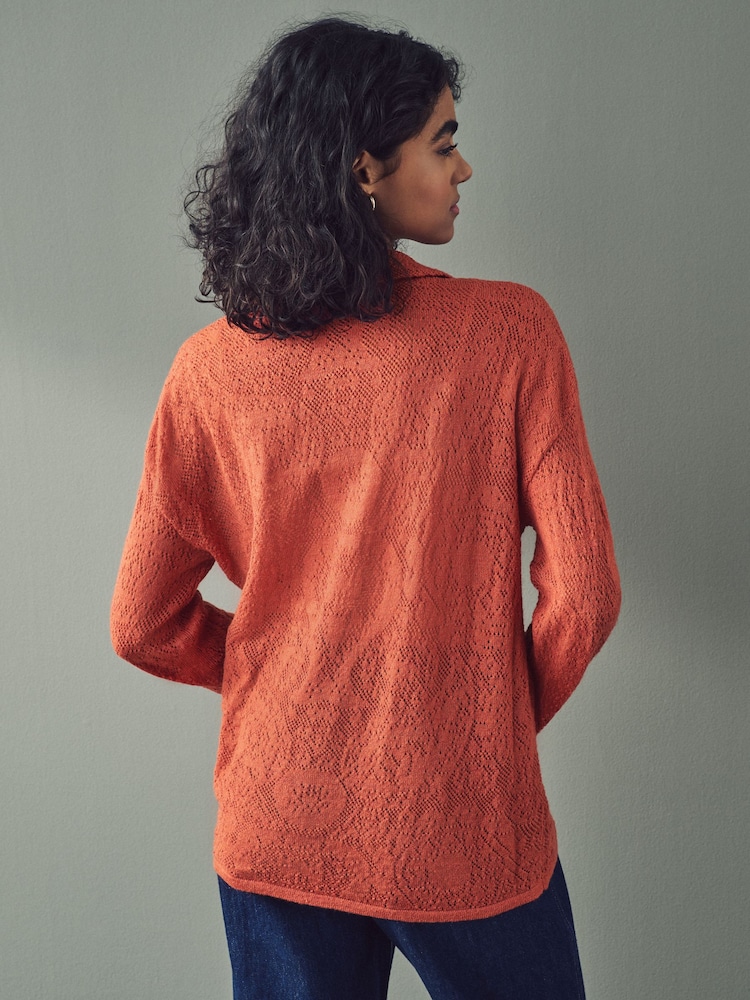 Orange Button Up Open Stitch Collared Knitted Shirt Jumper - Image 2 of 6