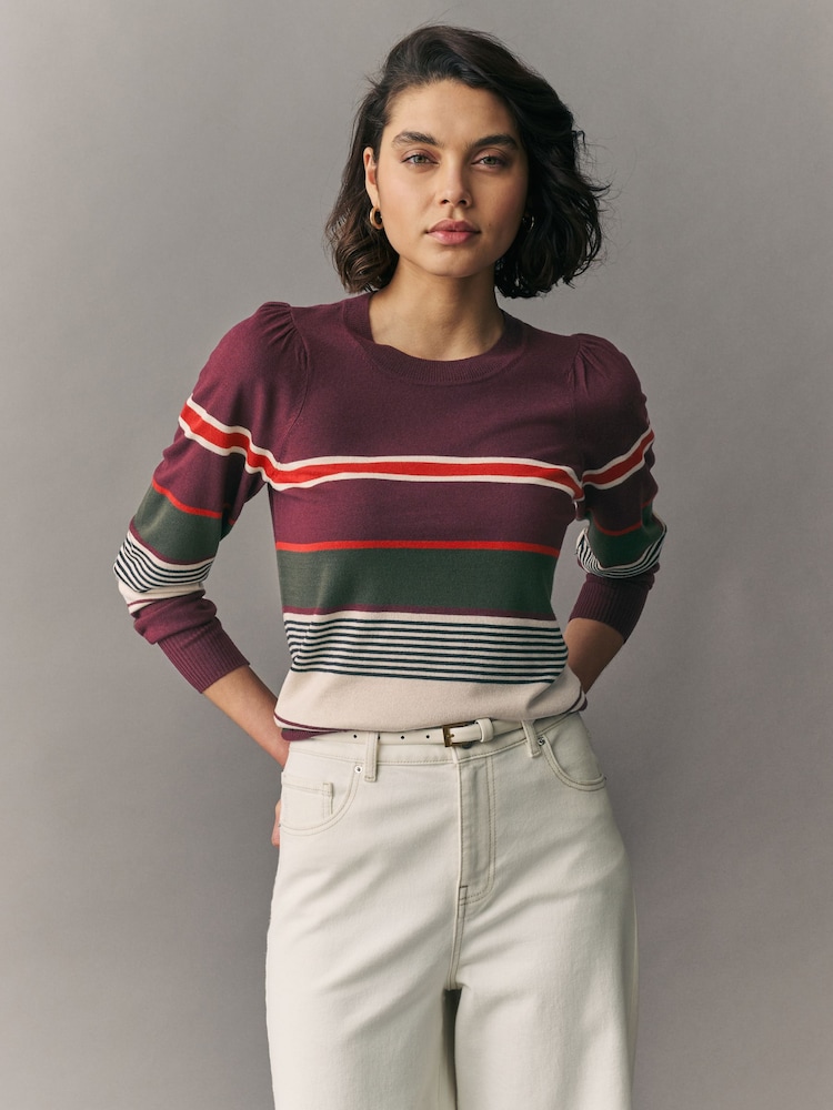 Burgundy Stripe Crew Neck Long Sleeve Jumper - Image 4 of 8