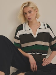 Green Stripe Short Sleeve V-Neck Polo Collar Knitted Jumper With Wool - Image 1 of 1