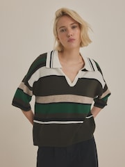 Green Stripe Short Sleeve V-Neck Polo Collar Knitted Jumper With Wool - Image 2 of 7