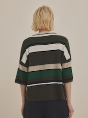Green Stripe Short Sleeve V-Neck Polo Collar Knitted Jumper With Wool - Image 3 of 7