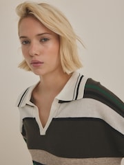 Green Stripe Short Sleeve V-Neck Polo Collar Knitted Jumper With Wool - Image 4 of 7