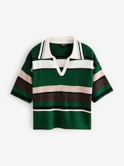 Green Stripe Short Sleeve V-Neck Polo Collar Knitted Jumper With Wool - Image 5 of 7