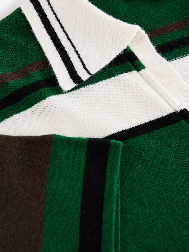 Green Stripe Short Sleeve V-Neck Polo Collar Knitted Jumper With Wool - Image 7 of 7