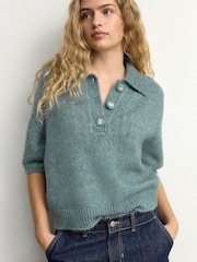 Blue Soft Touch Short Sleeve Knitted Polo Jumper with Wool - Image 4 of 7