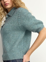 Blue Soft Touch Short Sleeve Knitted Polo Jumper with Wool - Image 5 of 7