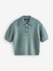 Blue Soft Touch Short Sleeve Knitted Polo Jumper with Wool - Image 6 of 7