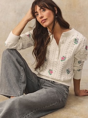 White/Ecru Floral Embroidered Henley Knitted Jumper With Cotton - Image 1 of 8