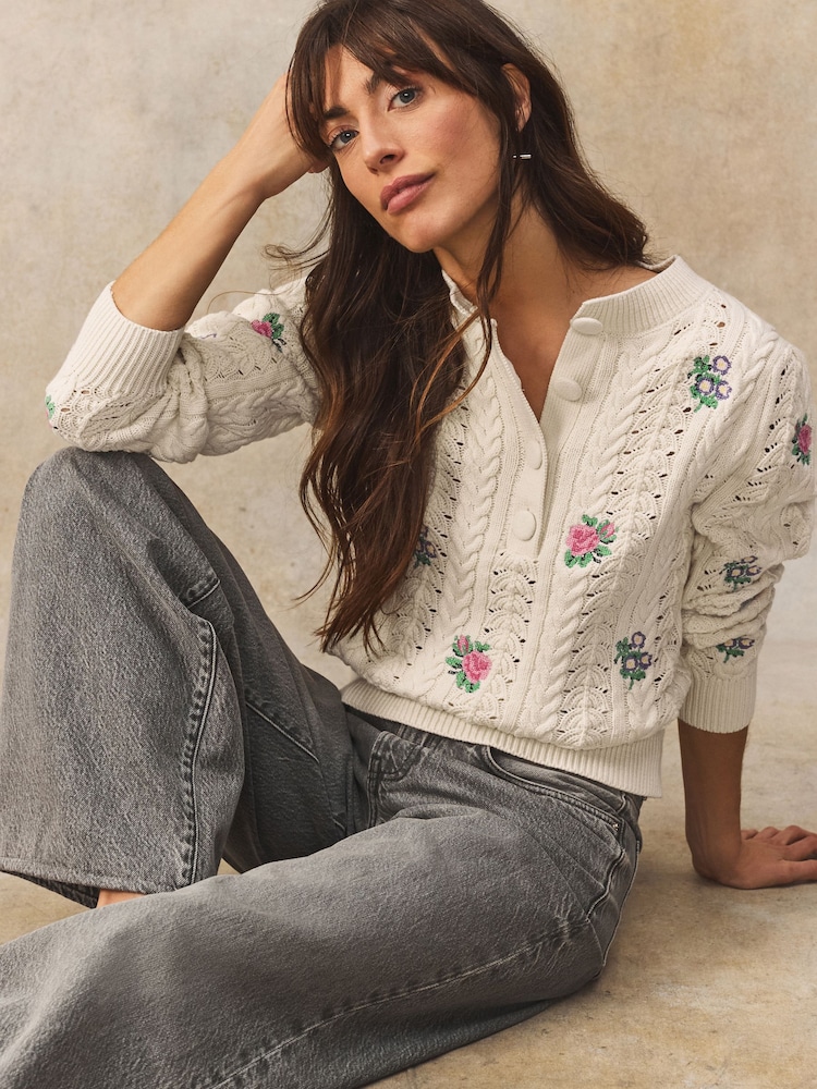 White/Ecru Floral Embroidered Henley Knitted Jumper With Cotton - Image 1 of 8