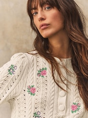 White/Ecru Floral Embroidered Henley Knitted Jumper With Cotton - Image 2 of 8