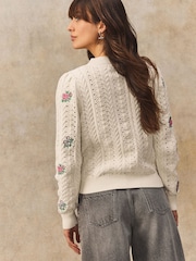 White/Ecru Floral Embroidered Henley Knitted Jumper With Cotton - Image 3 of 8