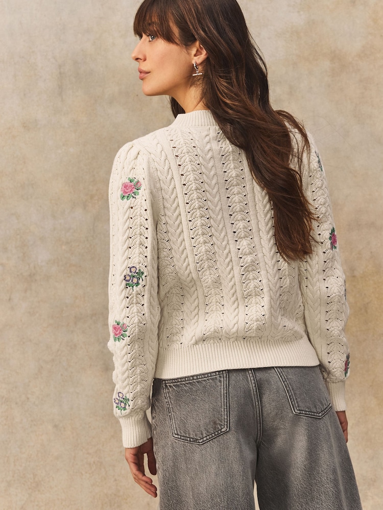 White/Ecru Floral Embroidered Henley Knitted Jumper With Cotton - Image 3 of 8