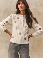 White/Ecru Floral Embroidered Henley Knitted Jumper With Cotton - Image 4 of 8