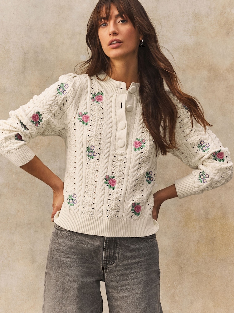 White/Ecru Floral Embroidered Henley Knitted Jumper With Cotton - Image 4 of 8