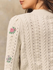 White/Ecru Floral Embroidered Henley Knitted Jumper With Cotton - Image 5 of 8
