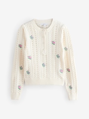 White/Ecru Floral Embroidered Henley Knitted Jumper With Cotton - Image 6 of 8