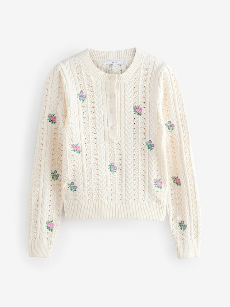 White/Ecru Floral Embroidered Henley Knitted Jumper With Cotton - Image 6 of 8
