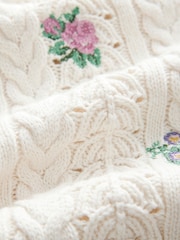 White/Ecru Floral Embroidered Henley Knitted Jumper With Cotton - Image 8 of 8