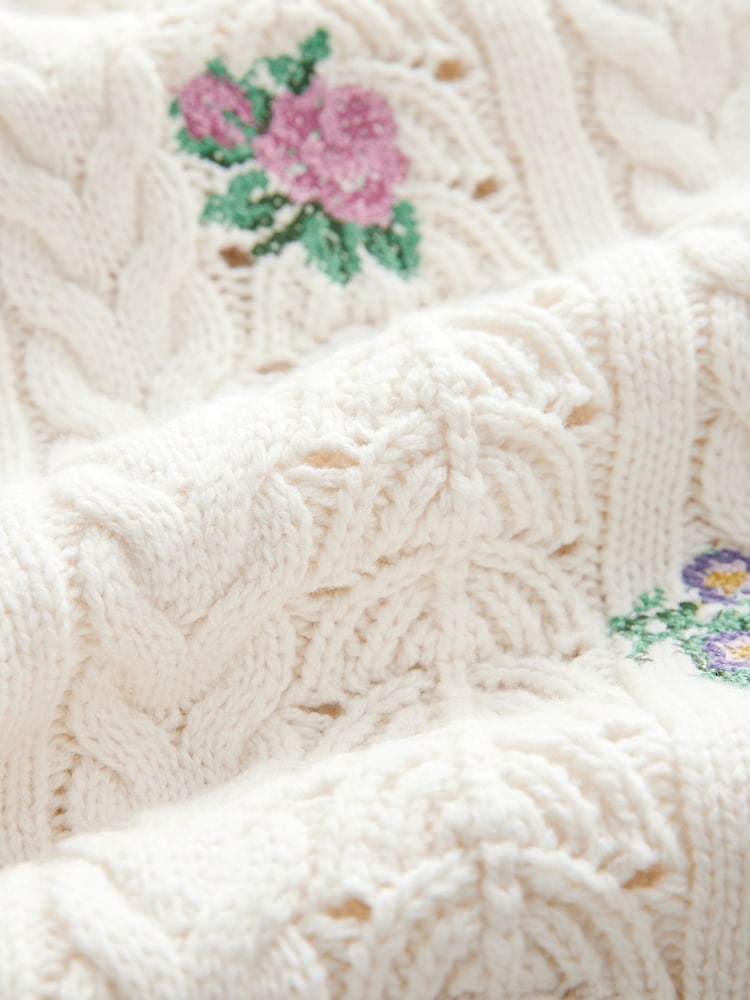 White/Ecru Floral Embroidered Henley Knitted Jumper With Cotton - Image 8 of 8